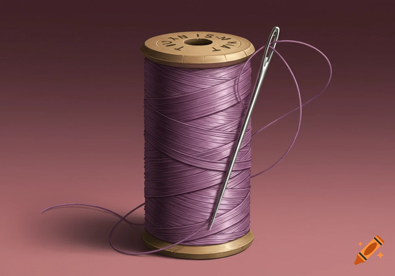 A detailed illustration of a purple thread spool with a silver sewing needle threaded through it.