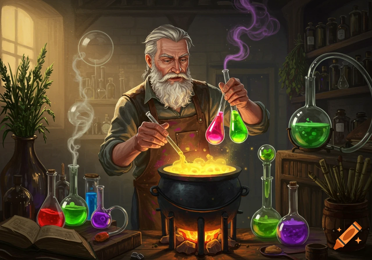A bearded alchemist mixes colorful glowing potions in a large cauldron in a dimly lit, detailed laboratory.
