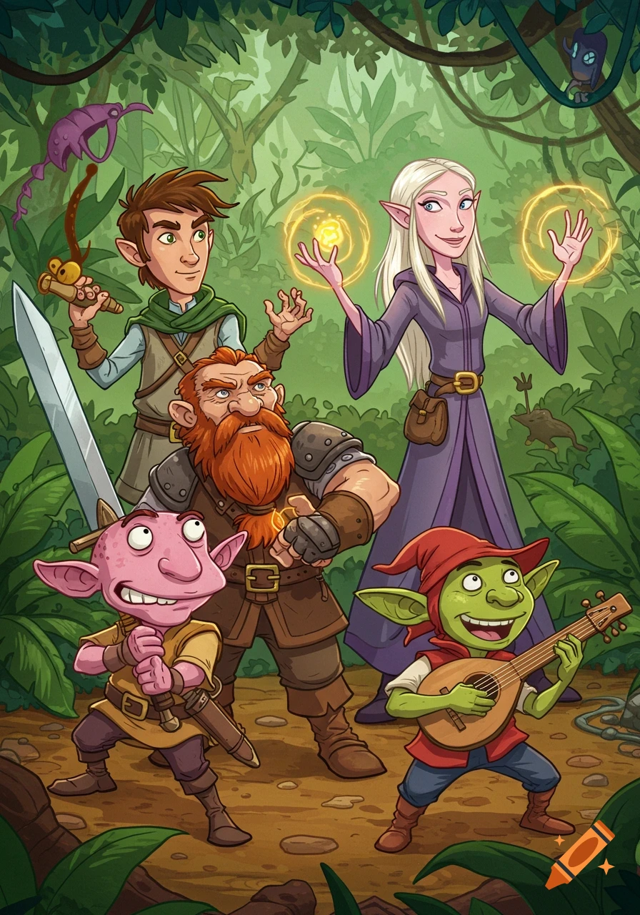 A cartoon illustration of a diverse D&D-style adventuring party in a jungle. Features an elf sorceress, dwarf warrior, human ranger, pink goblin, and green goblin playing a lute.