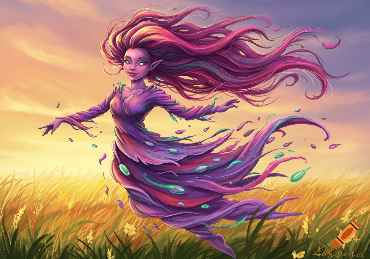 A whimsical fantasy illustration of a purple fairy with flowing pink hair and a leaf-like dress floating over a golden field at sunset.