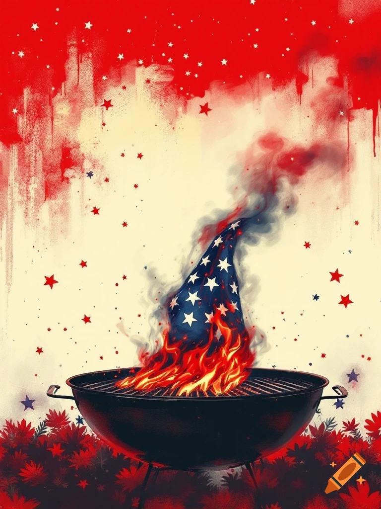 An American flag burns in a barbecue grill, with red paint splatters and stars in the background and red foliage at the bottom.