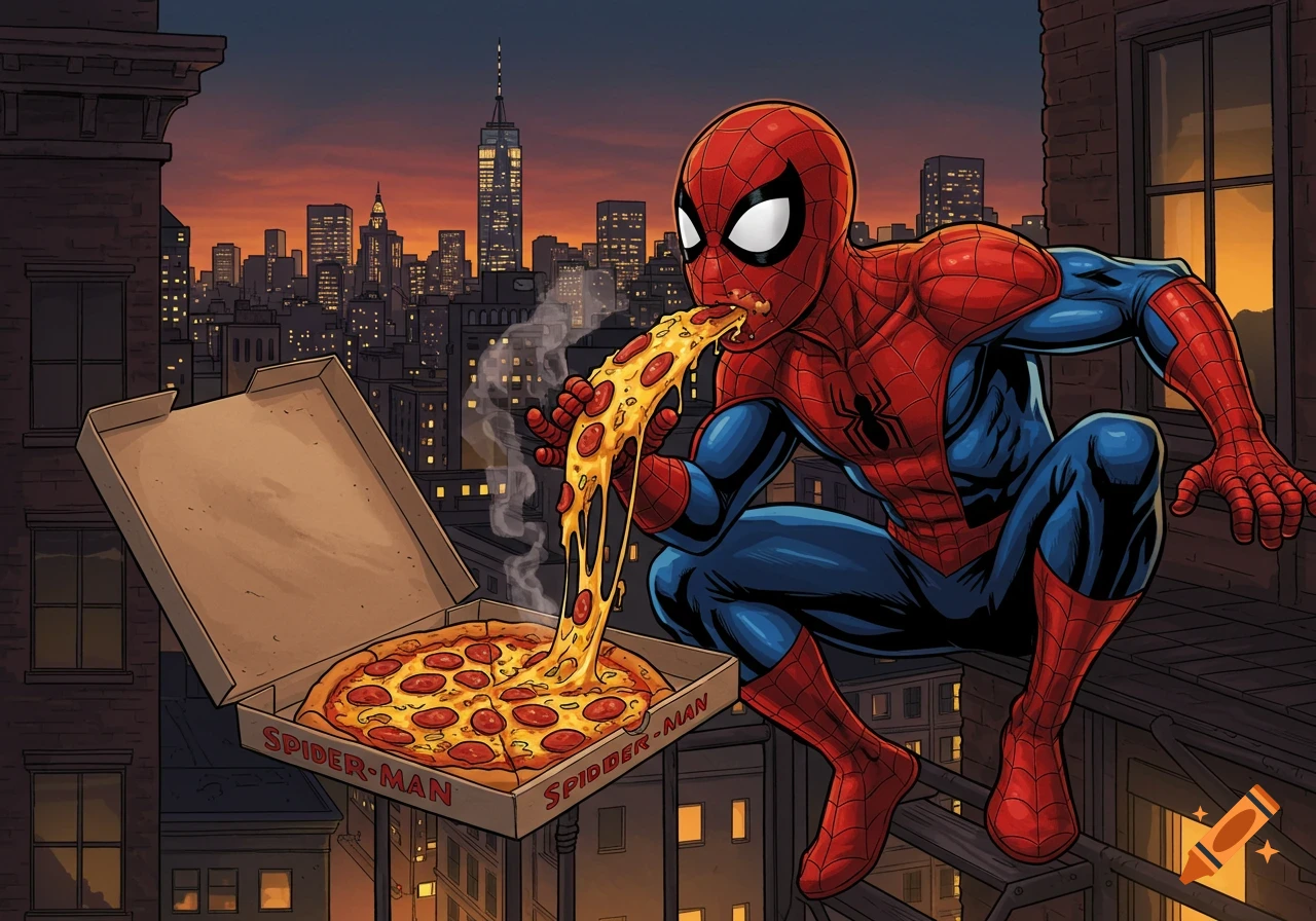 Comic style illustration of Spider-Man eating a slice of pizza on a New York City rooftop at sunset.