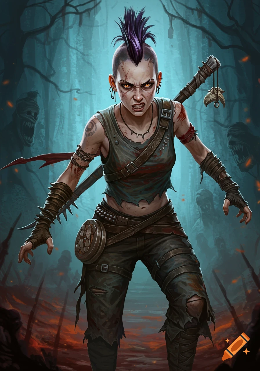 A fierce female character with a purple mohawk and glowing eyes, wearing torn, bloodied clothes, standing in a dark, swampy forest with monsters. Digital painting.