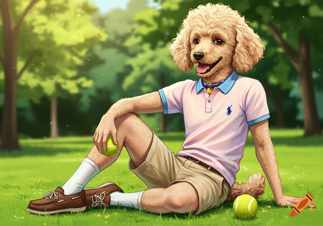 A humanized poodle in a pink polo and khaki shorts sits in a sunny park, holding a tennis ball.
