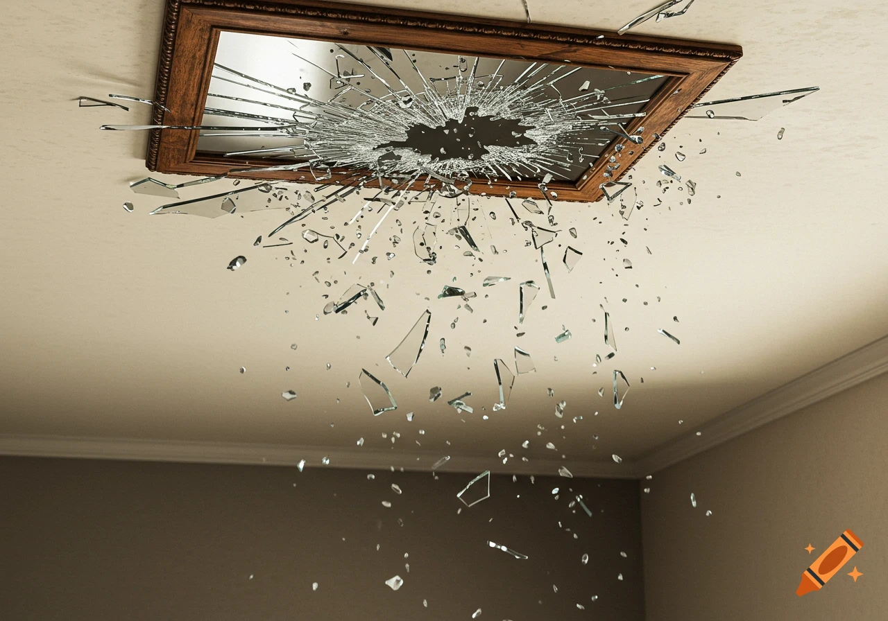 A shattered mirror is embedded in a ceiling, with countless shards of glass falling towards the floor in a room.