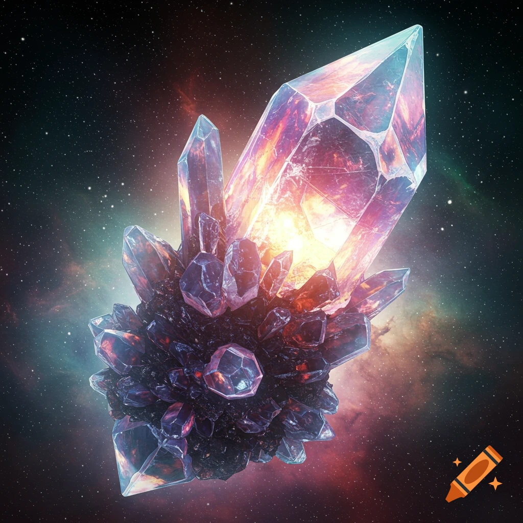 Vibrant, glowing crystals float in deep space with stars and nebulae.