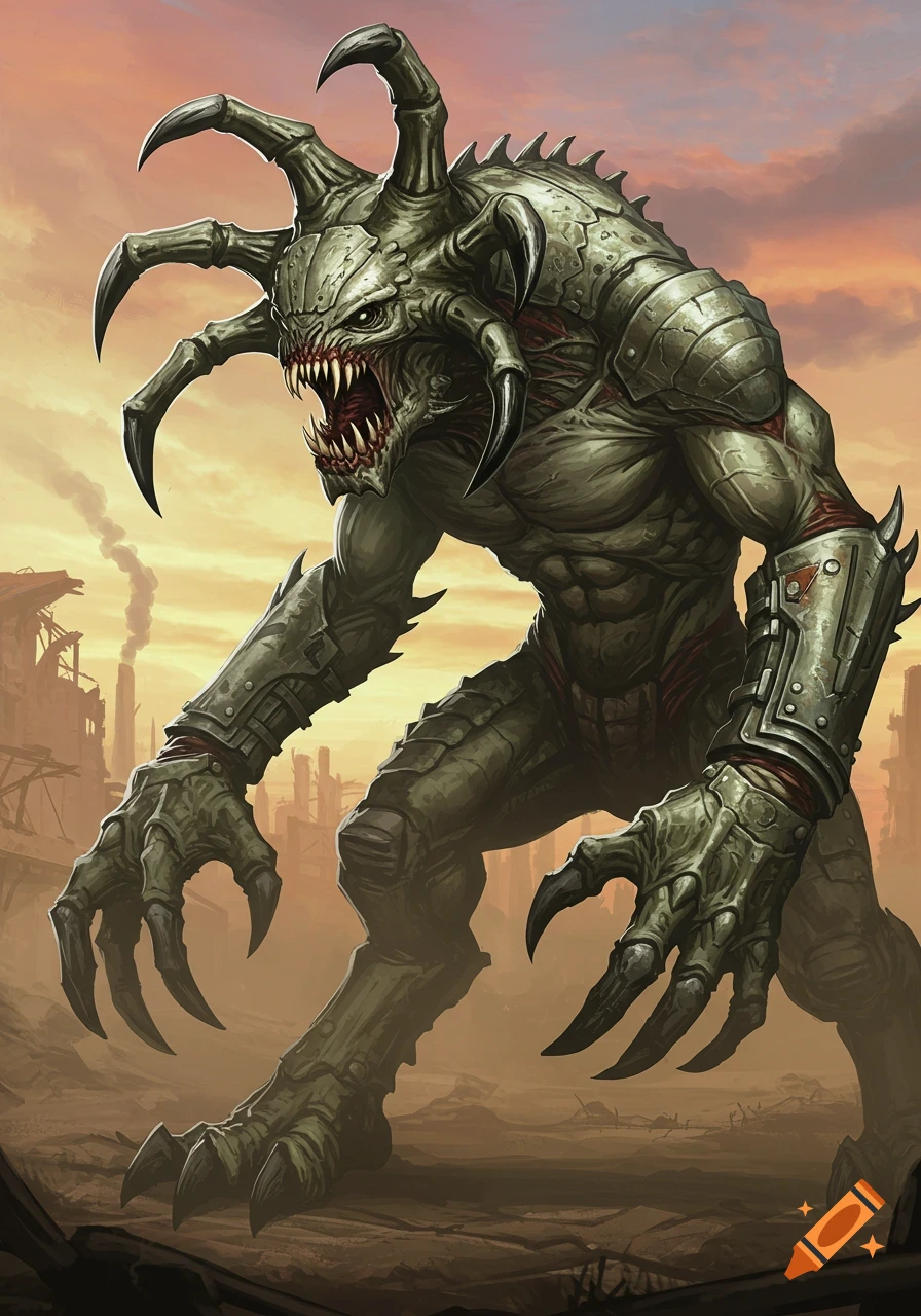 A menacing, scaly green monster with large claws and horns stands in a desolate, industrial landscape under an orange sky.