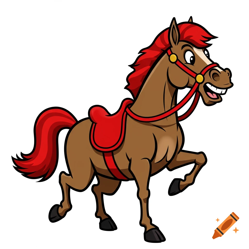 A smiling brown cartoon horse with red mane and tail, wearing a red saddle and bridle, trotting against a white background.
