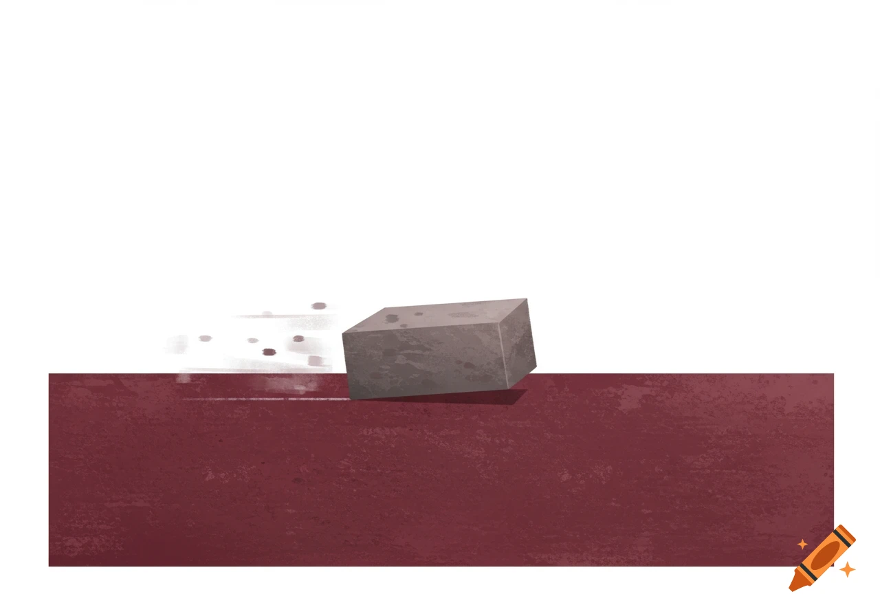 A gray block slides on a red surface, demonstrating friction with motion blur and particles.