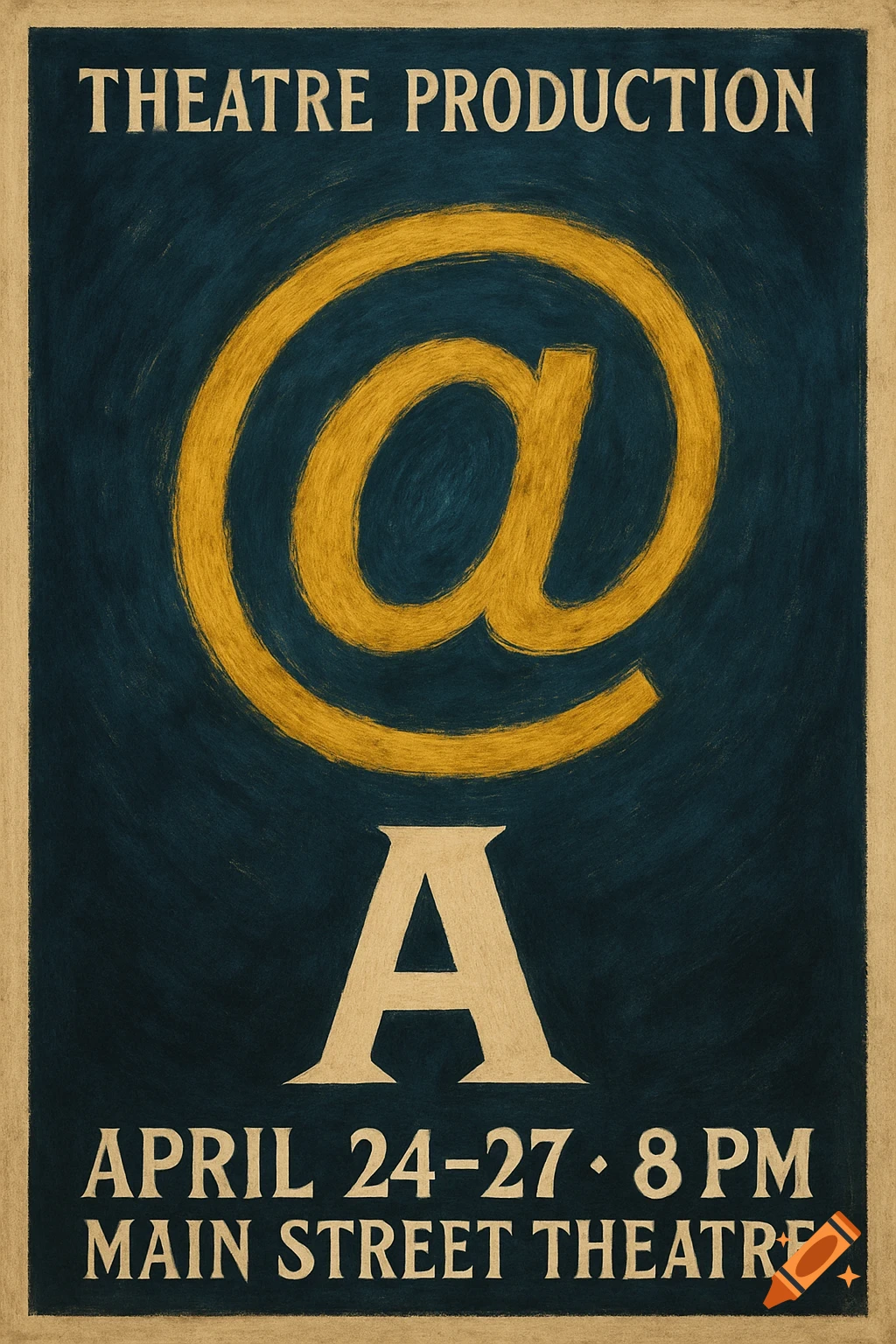 A vintage-style theatre production poster with a large golden '@' symbol and a large cream 'A' on a dark blue textured background. Text reads 'THEATRE PRODUCTION', 'APRIL 24-27 - 8 PM', and 'MAIN STREET THEATRE'.
