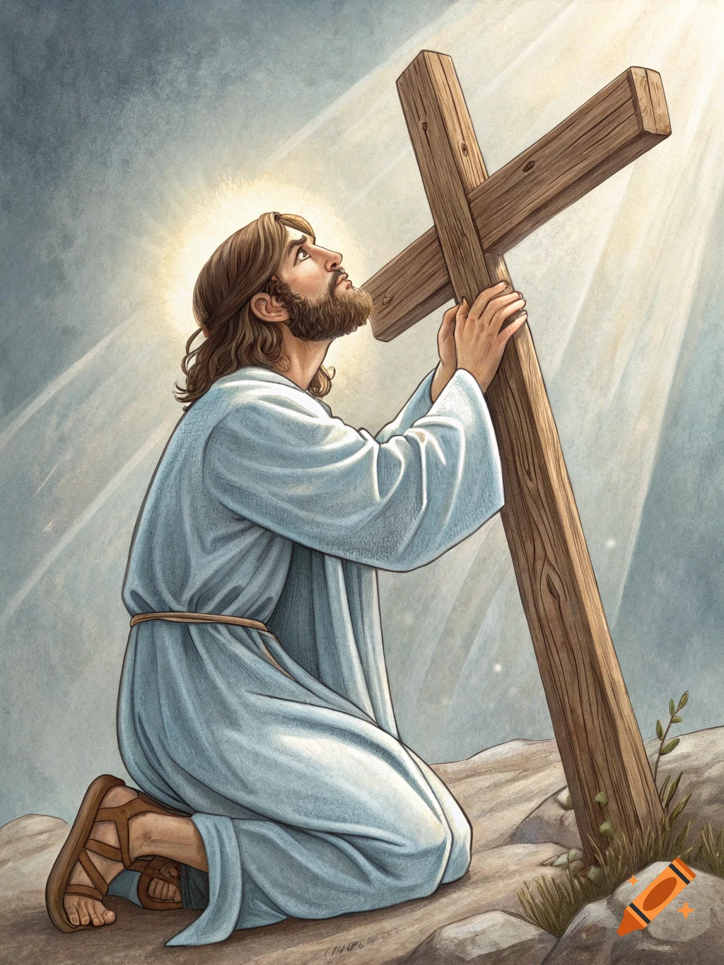 Jesus kneels before a wooden cross, looking up into a bright light.