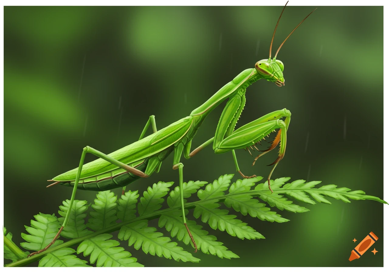 A vibrant green praying mantis rests on a green fern leaf, with a blurred green background.