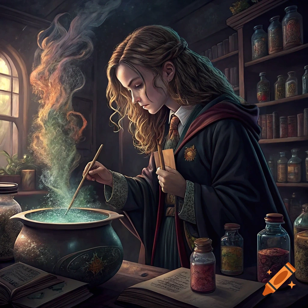 A young woman resembling Hermione in wizard robes intently stirs a glowing green potion in a cauldron, surrounded by books and bottles in a dimly lit, magical lab.