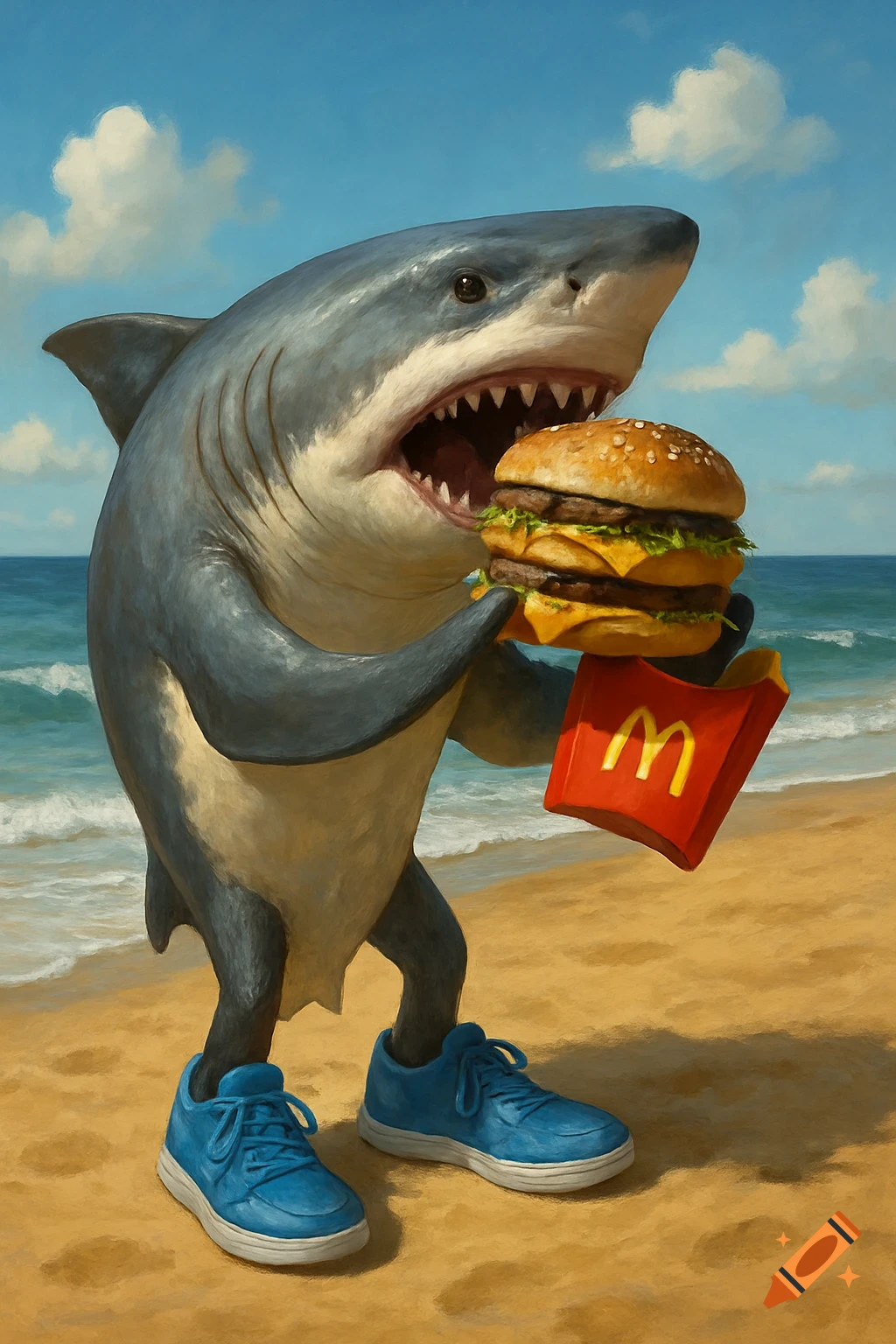A cartoon great white shark wearing blue sneakers stands on a sandy beach, holding a large double cheeseburger and a McDonald's fries carton.