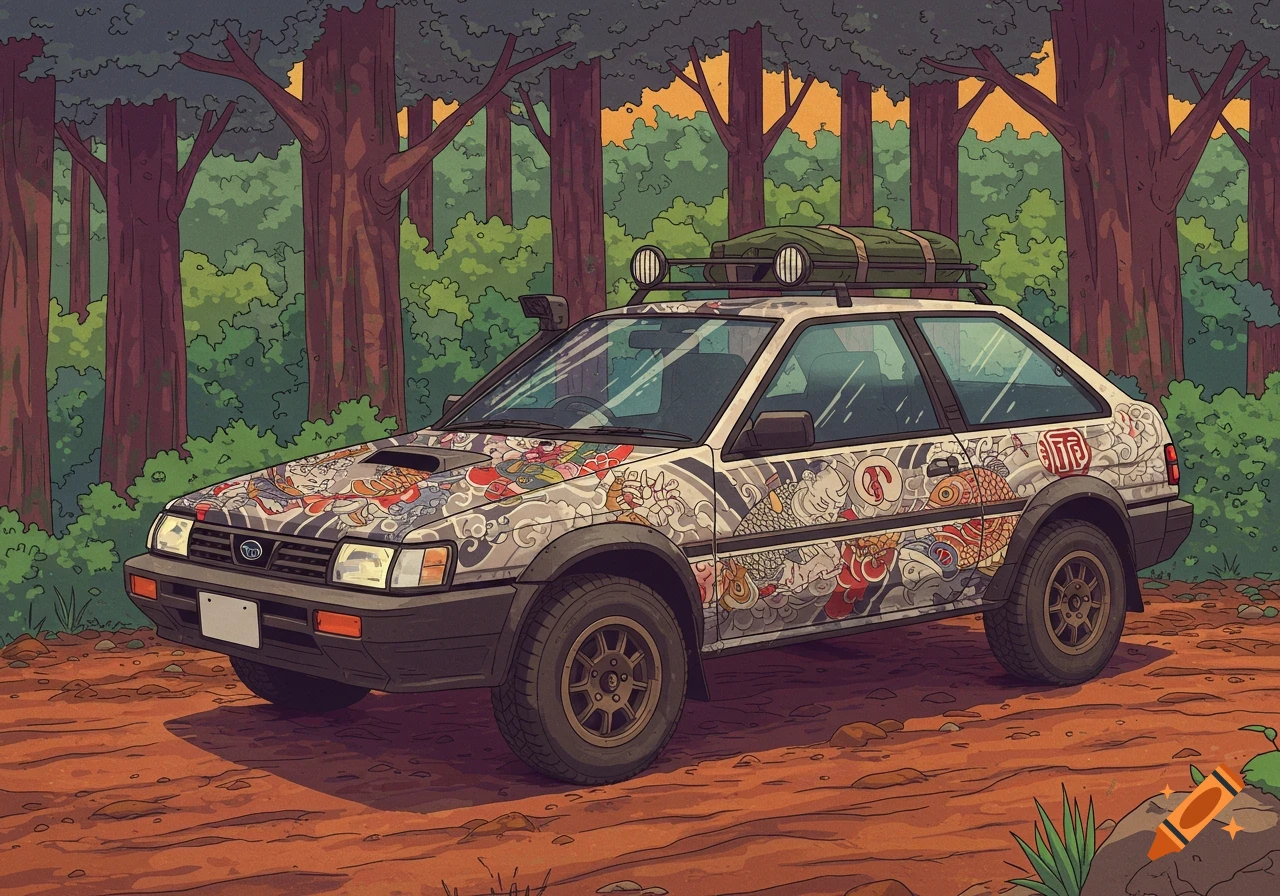A customized Subaru rally car covered in Japanese tattoo-style designs, parked on a dirt road in a forest, in an illustrative cartoon style.