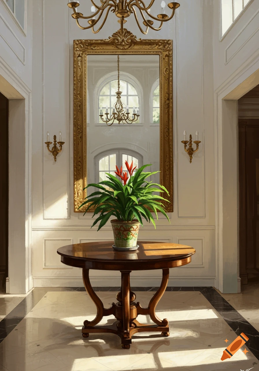 A grand foyer features a large ornate gold mirror, a wooden entry table with a potted plant, and chandeliers, with sunlight streaming in.