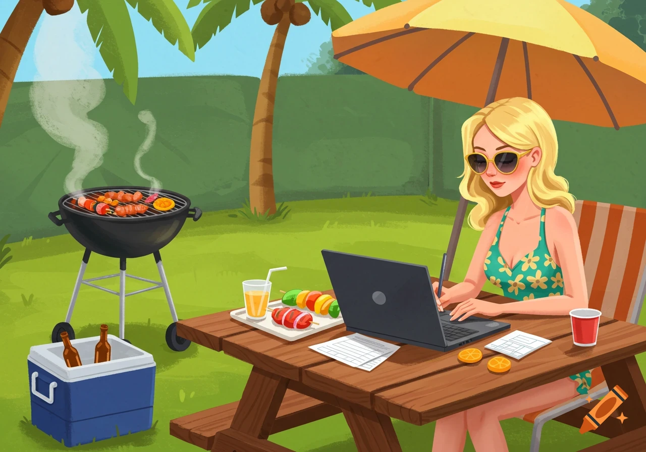 Cartoon of a blonde woman in a swimsuit working on a laptop at a picnic table, with a smoking barbecue and palm trees in a sunny backyard.