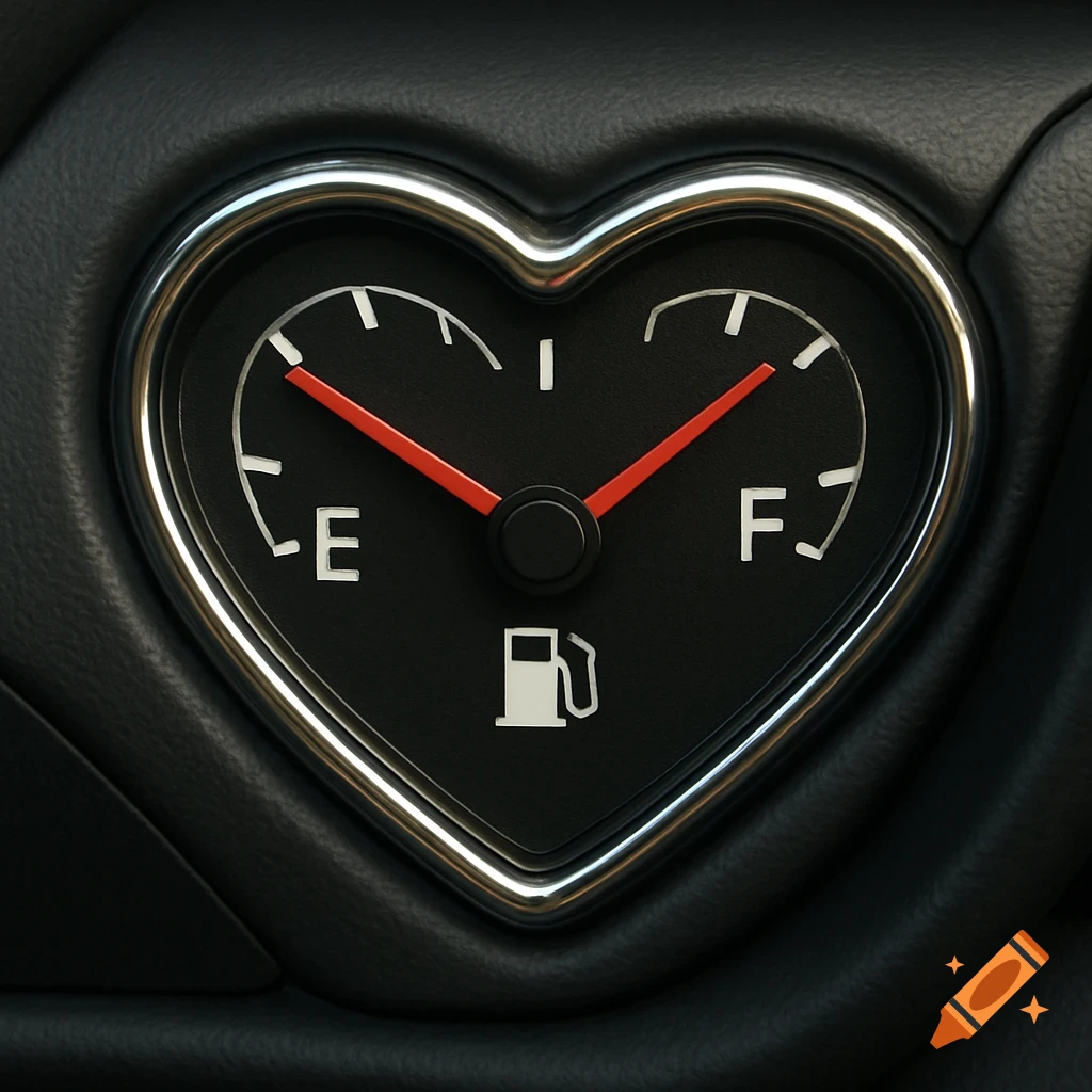 Photorealistic close-up of a heart-shaped fuel gauge on a car dashboard with E and F markings.