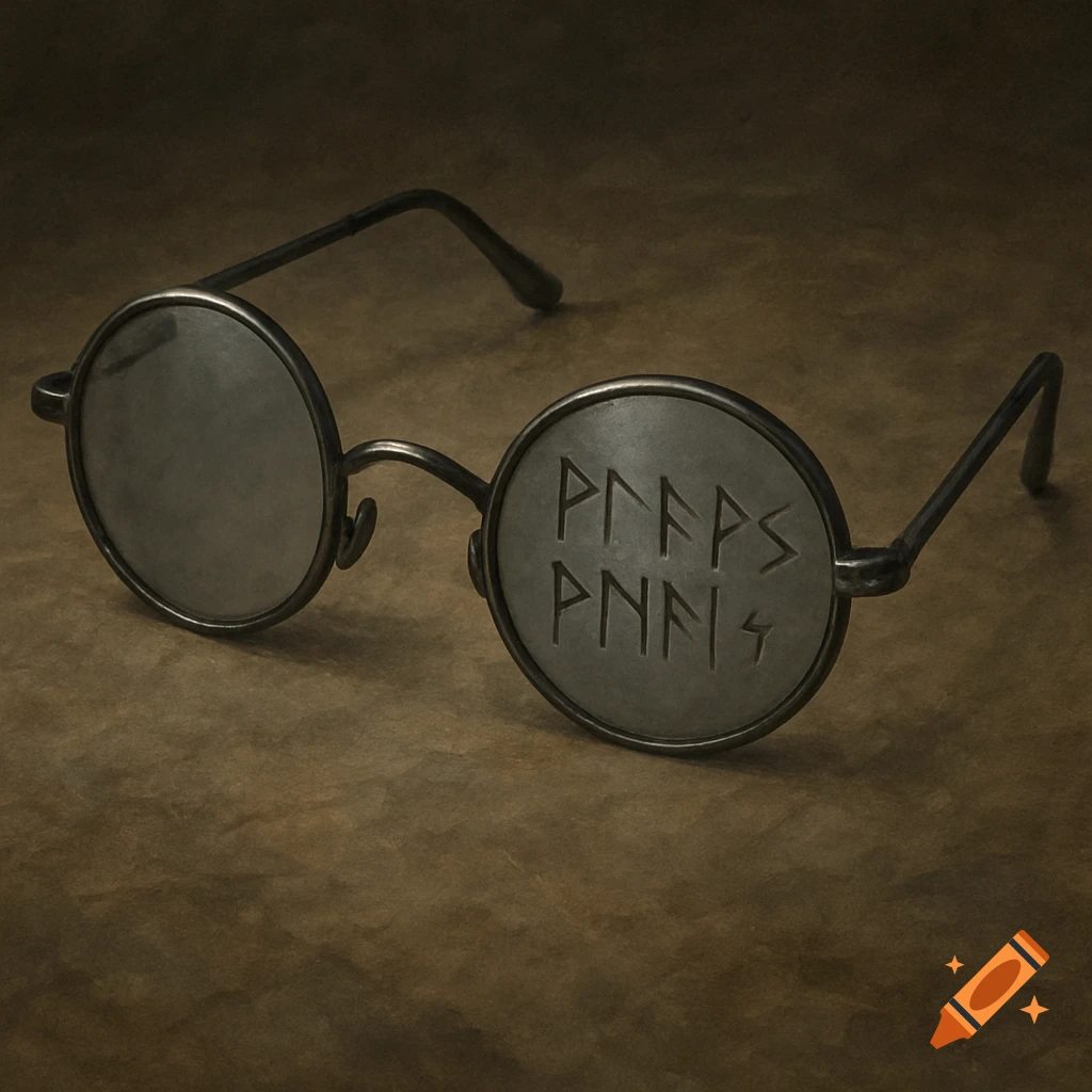 Thin-framed round glasses with runic markings etched into the right lens, against a textured brown background.