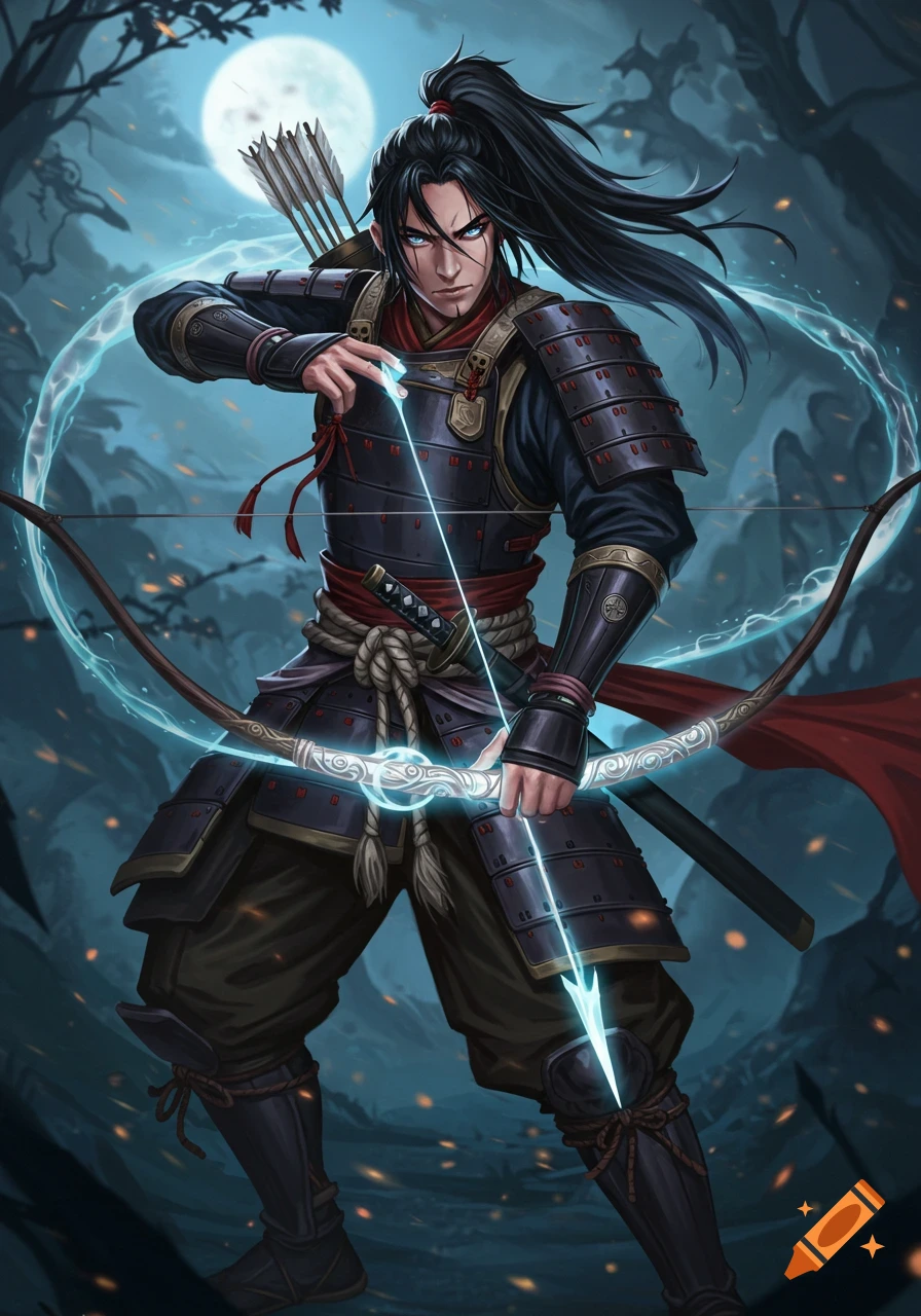 A male samurai archer in dark armor with a ponytail aims a glowing bow and arrow in a moonlit forest. Digital art.