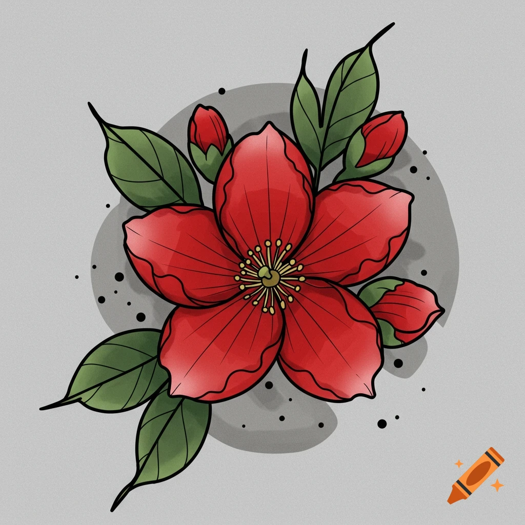 A vibrant red five-petaled flower with green leaves and red buds, illustrated in a bold tattoo style on a grey background.