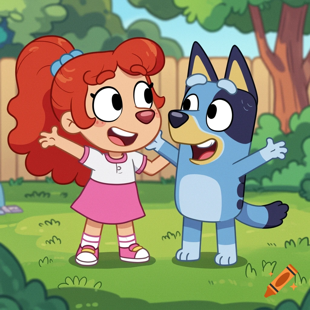 A red-haired cartoon girl and a blue dog character from Bluey embrace in a sunny backyard.