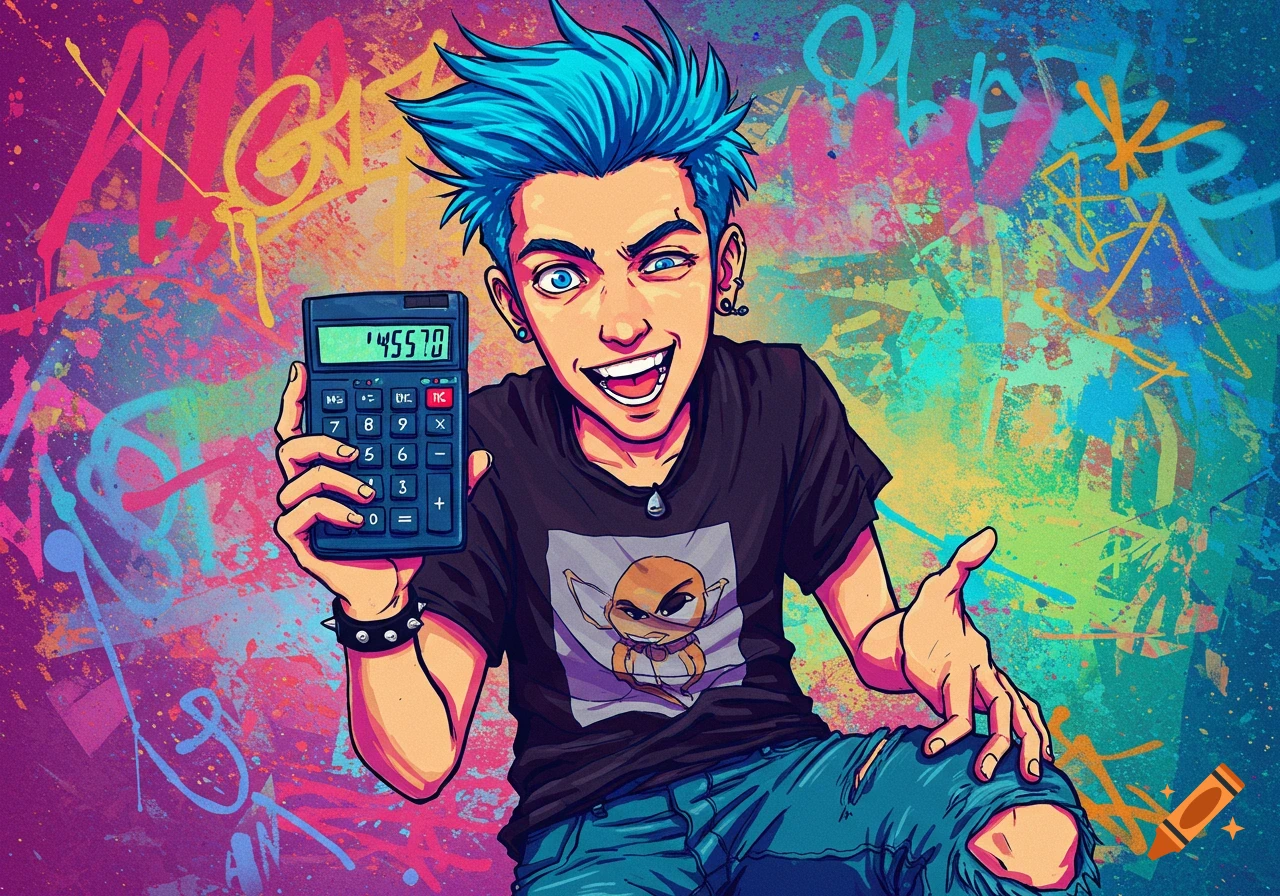 A cartoon character with blue spiky hair, wearing a t-shirt and ripped jeans, smiles while holding a calculator against a colorful graffiti background.