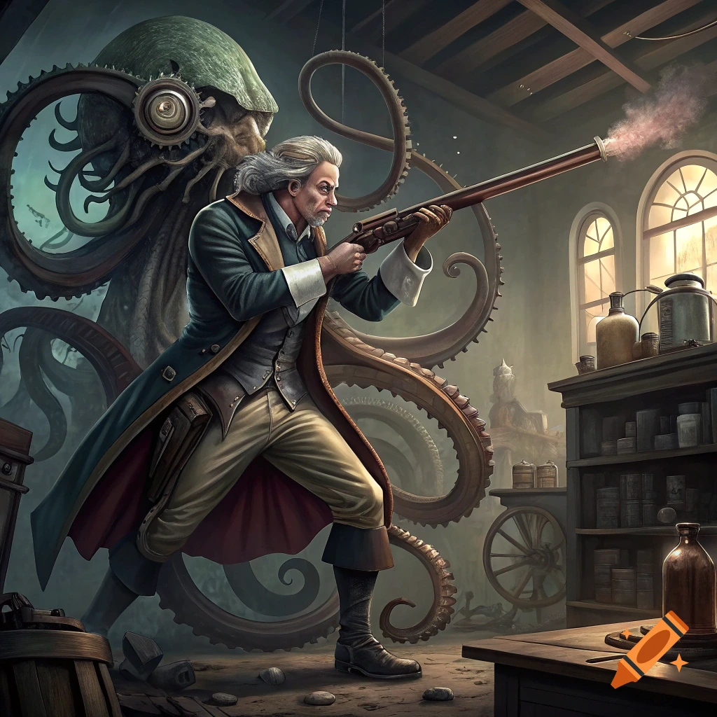 A man resembling Thomas Jefferson aims a rifle at a giant mechanical squid with gears in a workshop.