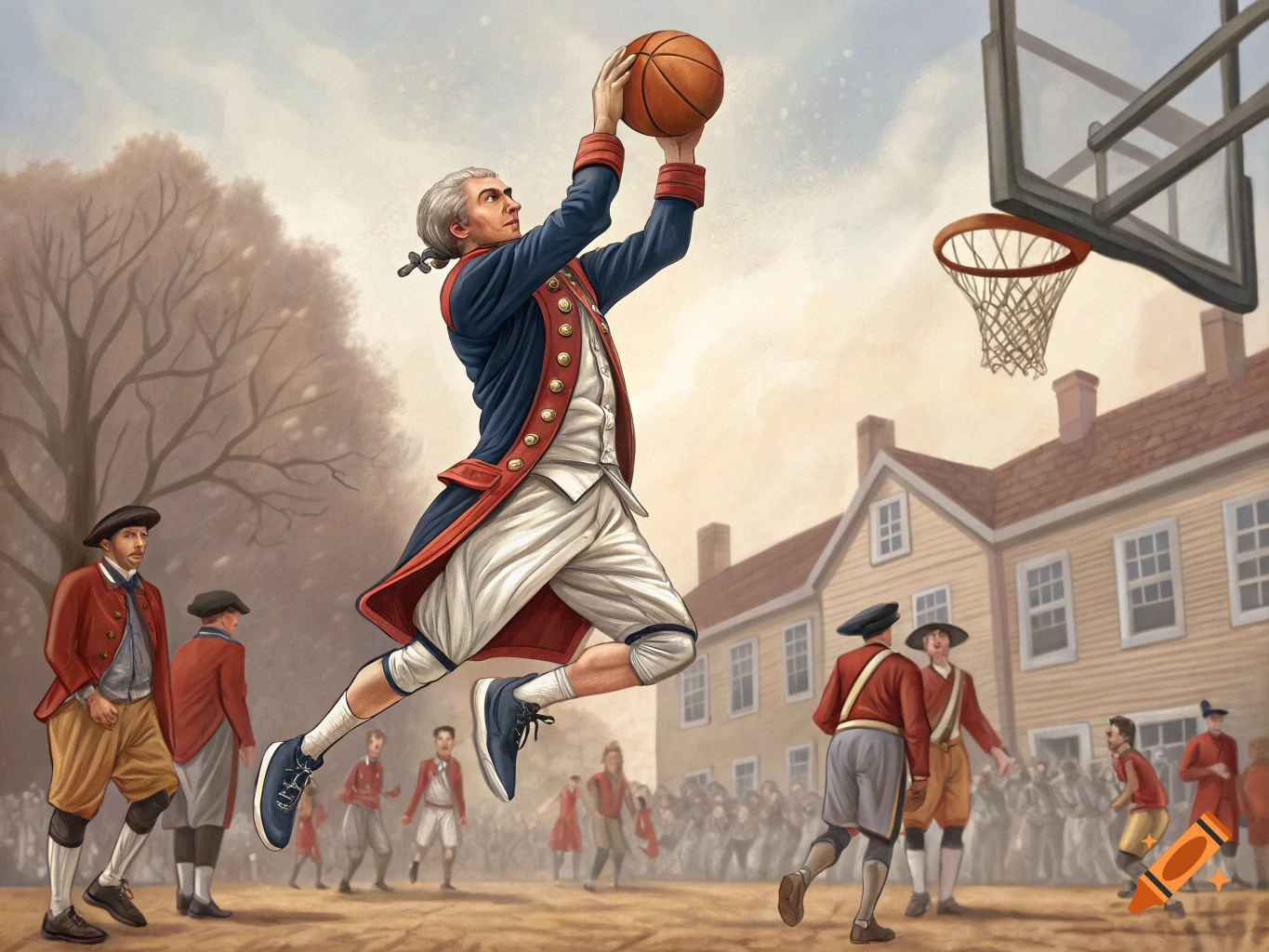 George Washington in a colonial uniform dunks a basketball over British redcoats on a dirt court in front of a colonial building.