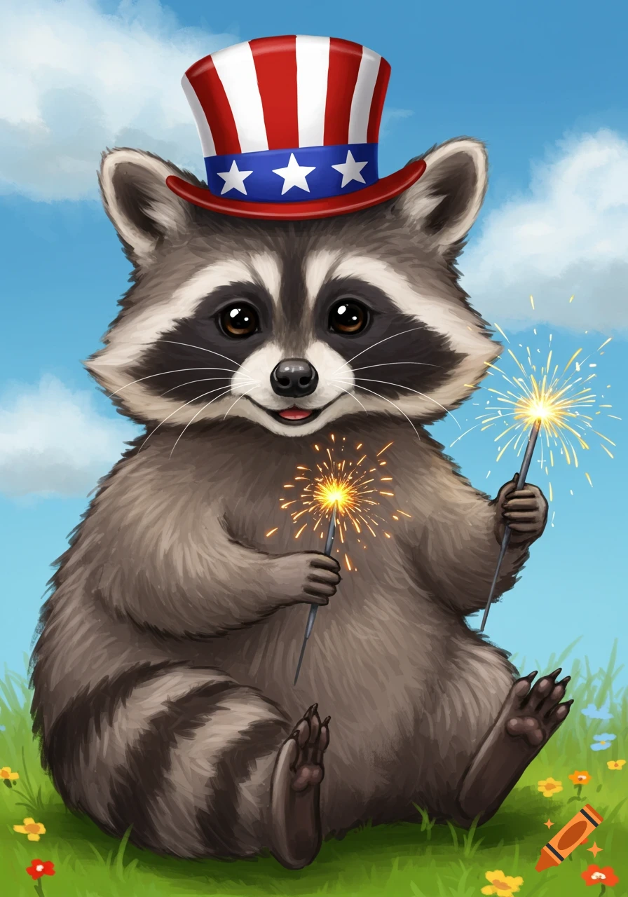 A cute cartoon raccoon wears an Uncle Sam hat and holds two lit sparklers in a grassy field under a blue sky.