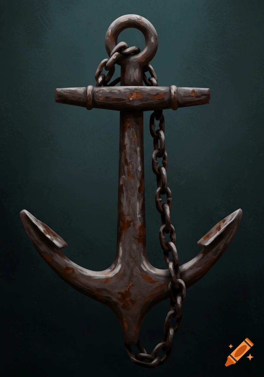 A detailed painting of a rusty metal anchor with a chain, set against a dark teal background.
