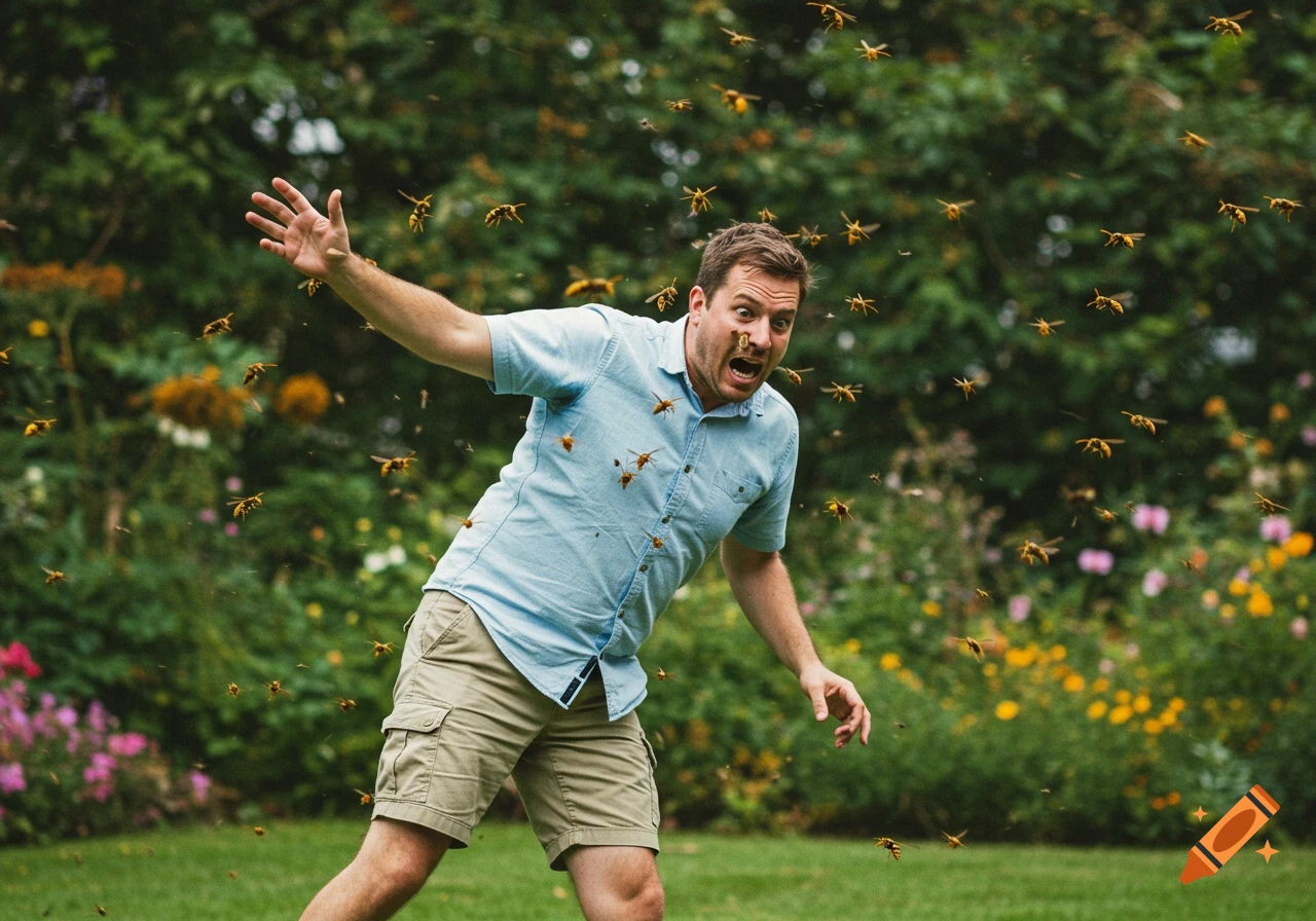 A man with a shocked expression swatting at a swarm of wasps in a garden.