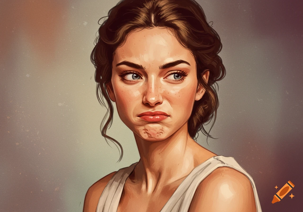 A digital painting portrait of a young woman with brown hair, her face contorted in a displeased or disgusted expression, looking off to the side.