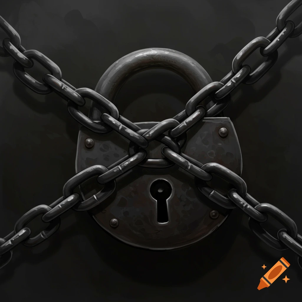 A dark, rusty metal padlock with an old-fashioned keyhole, crisscrossed by heavy metal chains on a dark background.