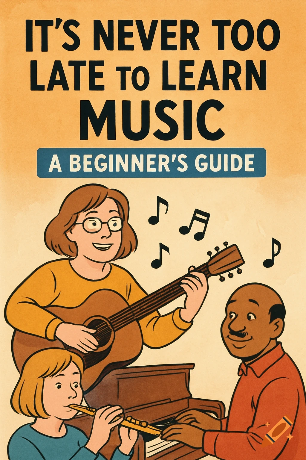 Comic art of three people playing music: a woman on guitar, a child on flute, and a man on piano. Text reads, "IT'S NEVER TOO LATE TO LEARN MUSIC A BEGINNER'S GUIDE."
