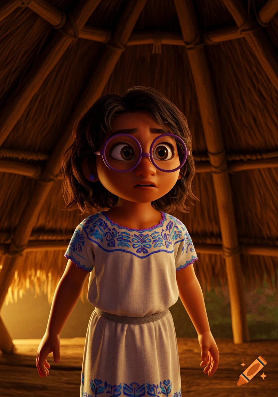A Pixar-style animated girl with purple glasses and a white embroidered dress stands in a thatched hut, looking puzzled.