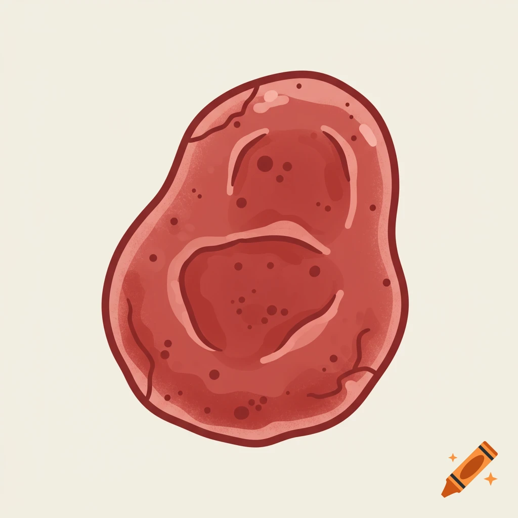 A simple, minimalistic illustration of a red blood cell with a textured appearance, on a light background.
