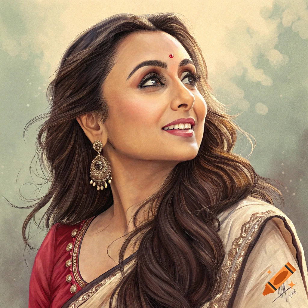 A painted portrait of an Indian woman, likely Rani Mukherjee, wearing a red blouse, cream sari, and ornate earrings, looking up and smiling.