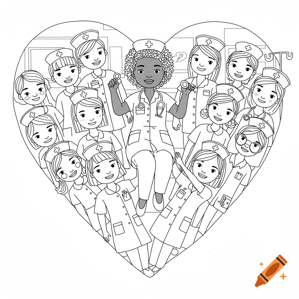 A black-and-white line drawing for a coloring book showing many smiling nurses forming a heart shape, with a Black nurse at the center.