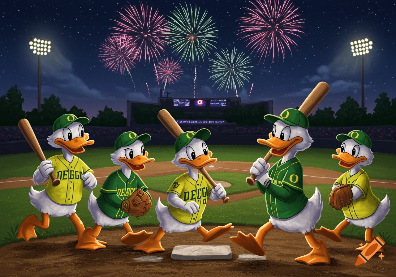 Cartoon ducks in green and yellow baseball jerseys play on a field at night under fireworks.