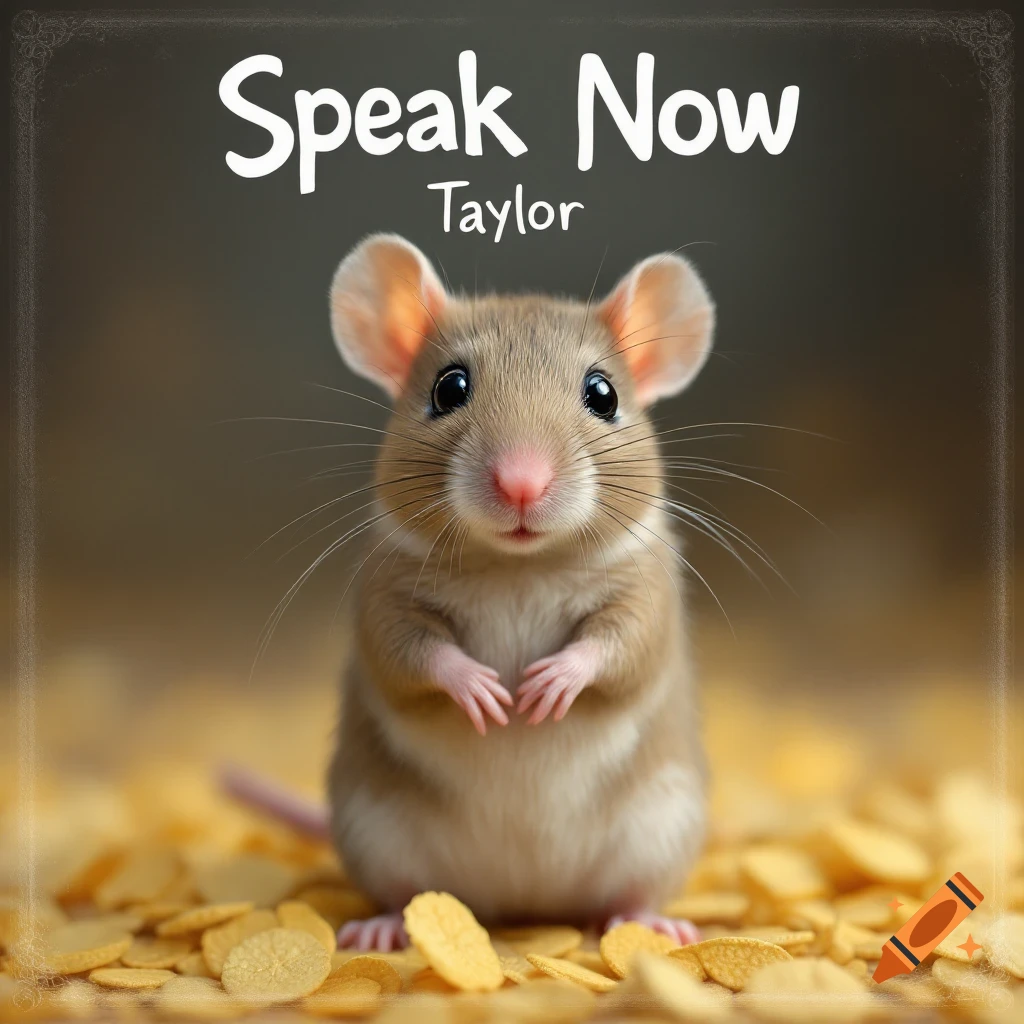 A cute mouse stands on a bed of yellow cornflakes, with 'Speak Now Taylor' text above it, like an album cover.