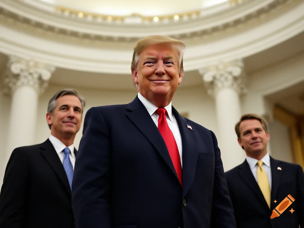 Donald Trump smiling in a suit, with two other men in suits behind him in a grand hall.