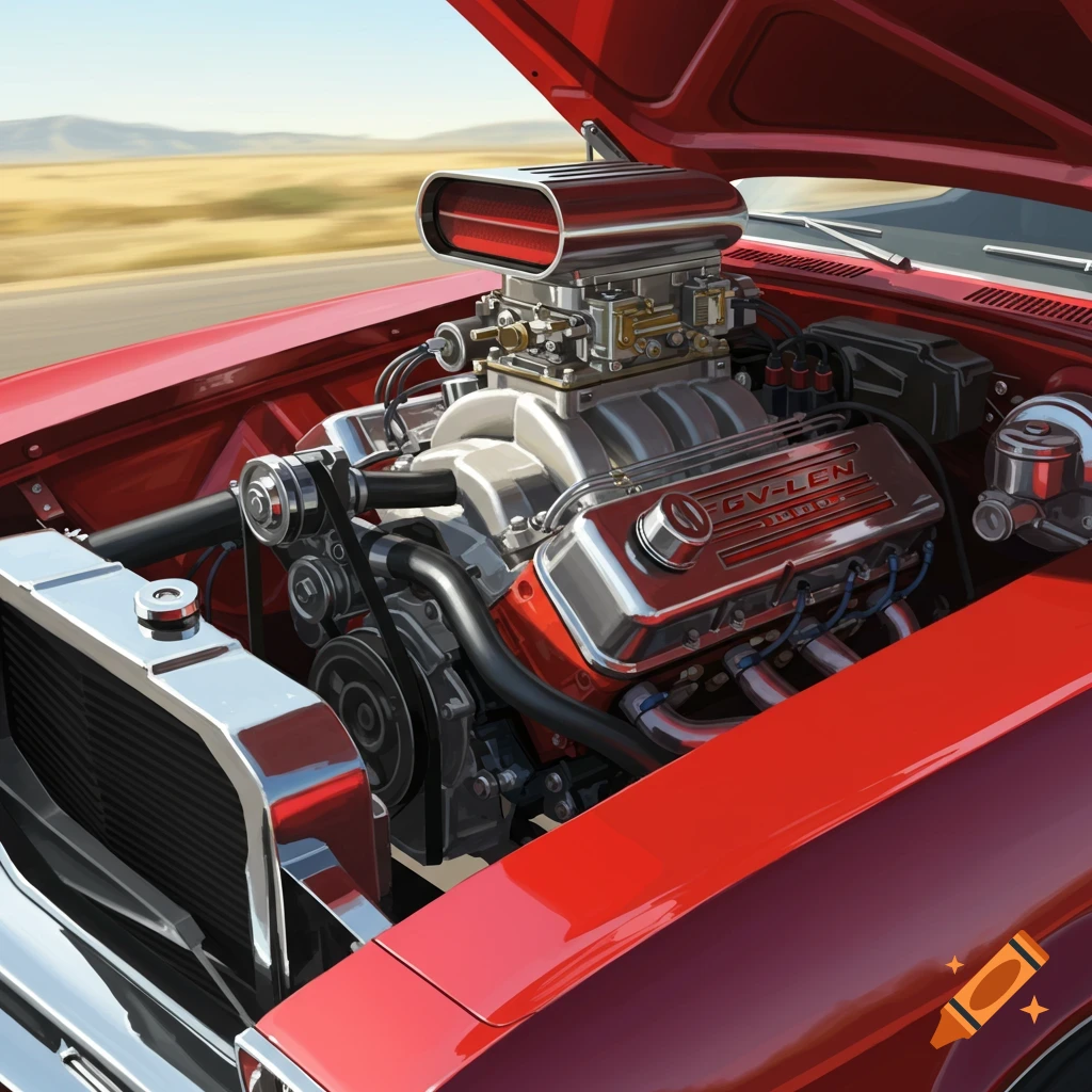 A detailed, photorealistic close-up of a powerful red V8 car engine with chrome components and the hood open.