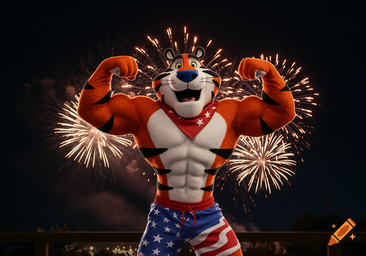 Tony the Tiger flexes his muscles, wearing red, white, and blue shorts and a red bandana, against a night sky filled with fireworks.