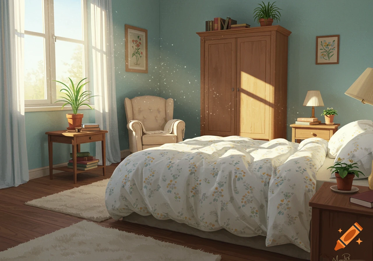 A cozy bedroom with warm sunlight streaming through a large window, illuminating dust motes in the air. A bed with a floral duvet, a wooden wardrobe, and an armchair are visible. The room has light blue walls and wooden floors with white rugs.