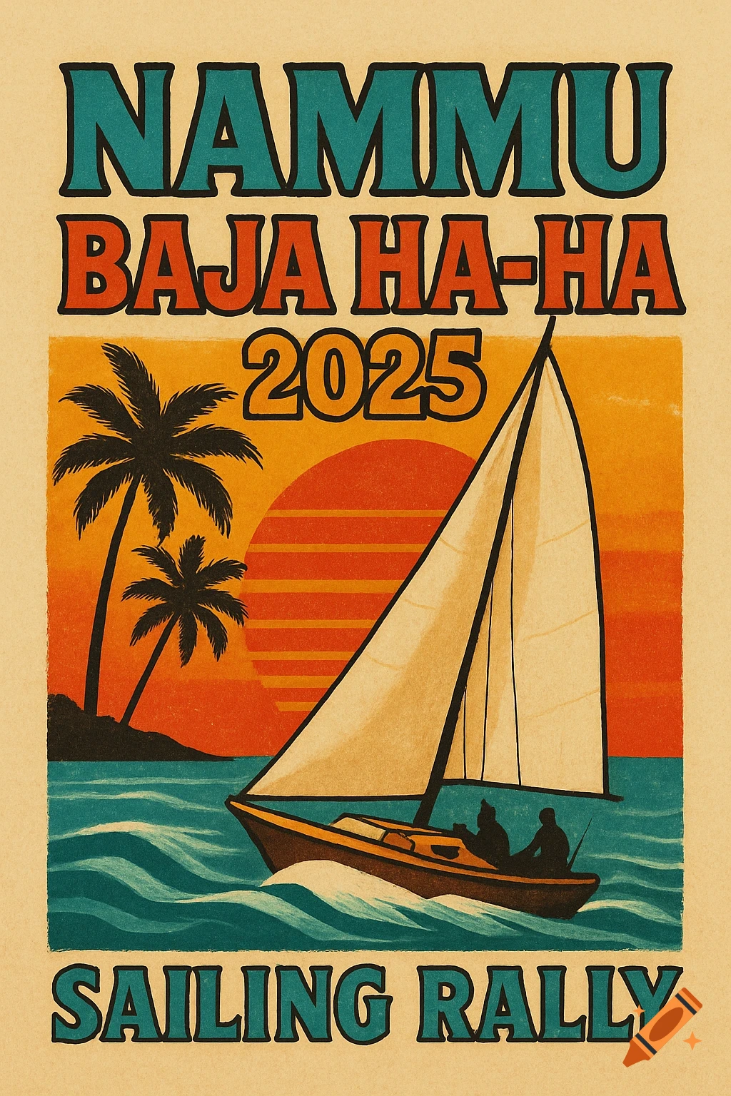 Vintage 1970s-style poster for NAMMU BAJA HA-HA 2025 Sailing Rally, with a sailboat, palm trees, and sunset.