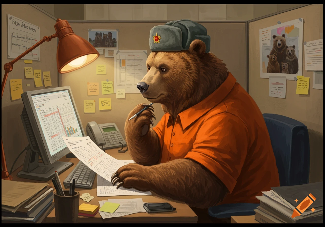 A brown bear in an orange shirt and Russian hat works in an office cubicle, looking at papers and a computer screen.