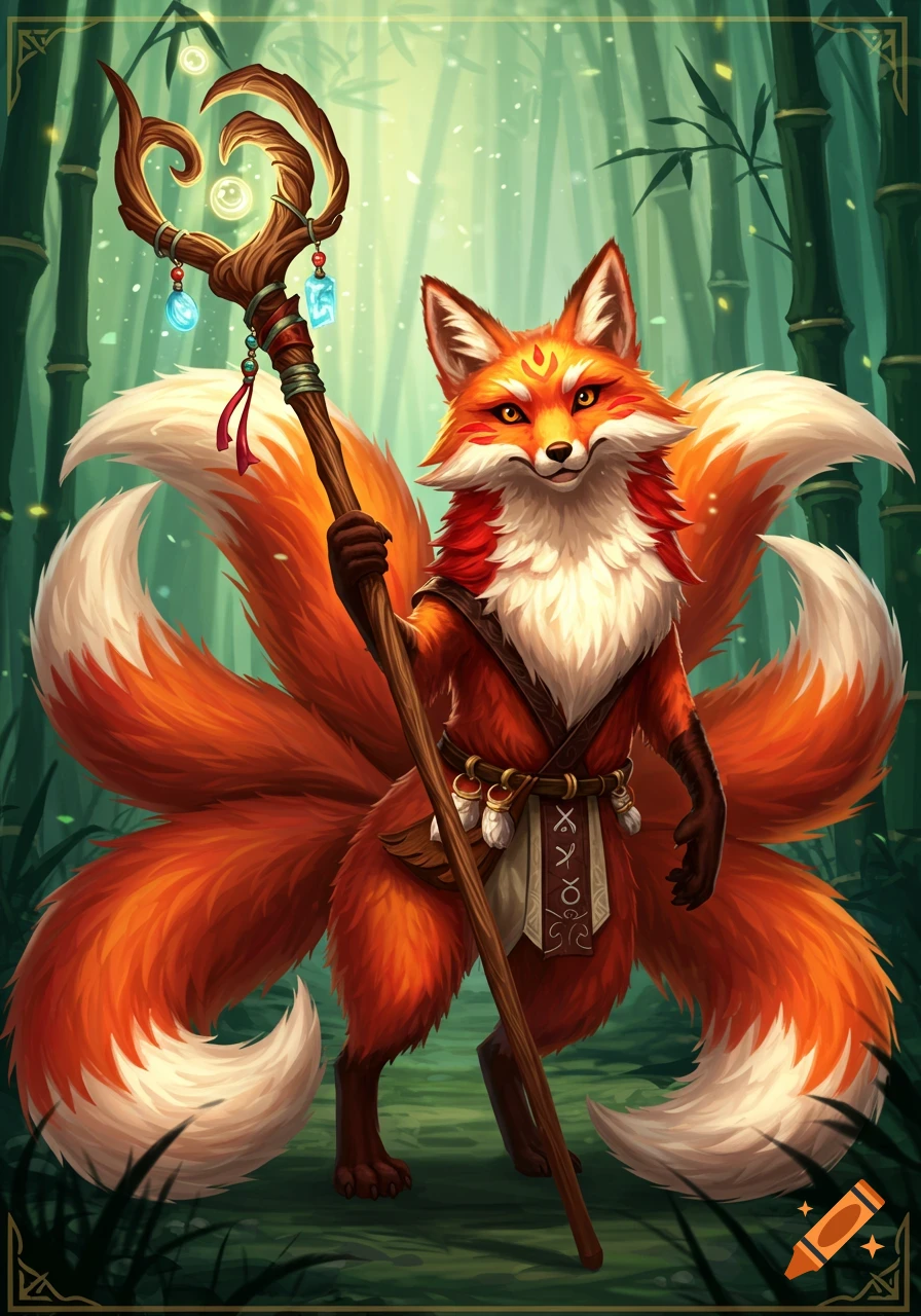 A stylized illustration of an anthropomorphic orange and white kitsune character with multiple tails, wearing a robe and holding a magical staff, standing in a bamboo forest.