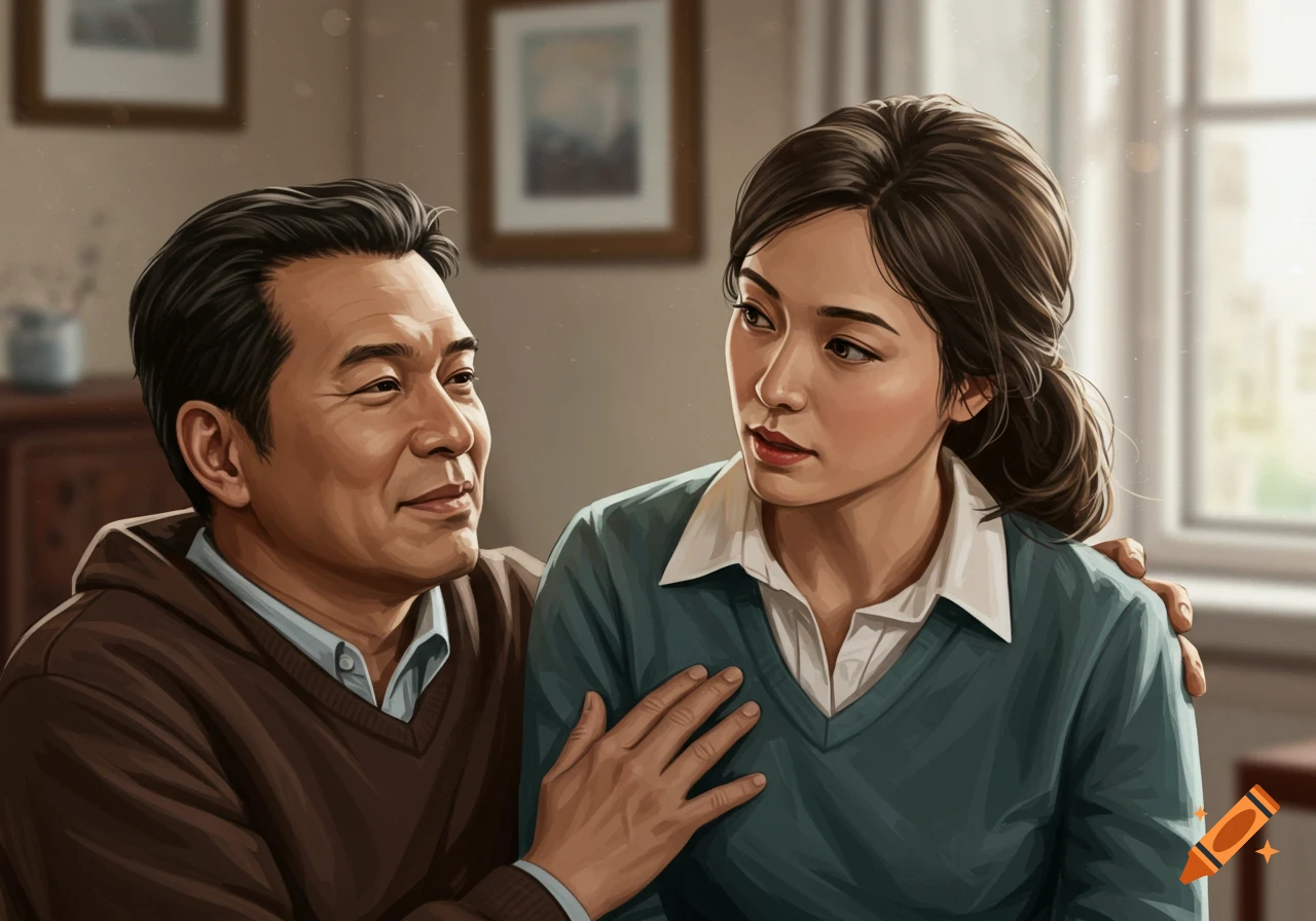 An illustrated portrait of an older man looking at a younger woman with his hand on her shoulder.