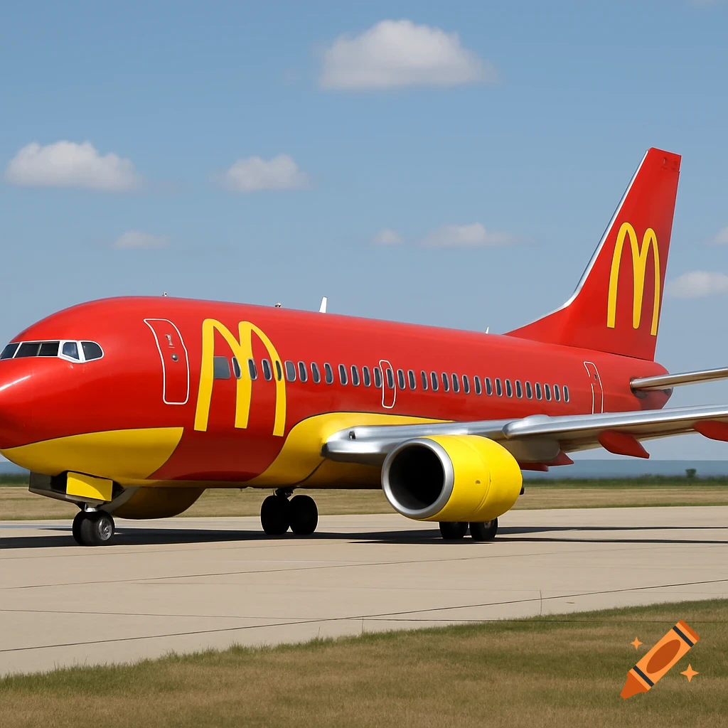 A photorealistic image of a red and yellow passenger jet airplane with McDonald's logos on the fuselage and tail, on an airport tarmac.